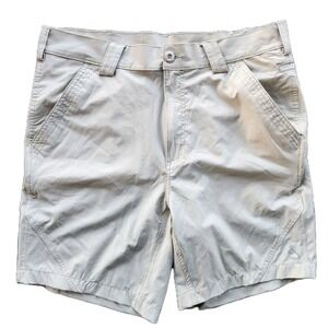 Hook & Tackle Beer Can Island Fishing Shorts Mens 34 Khaki Tan Stretch Nylon